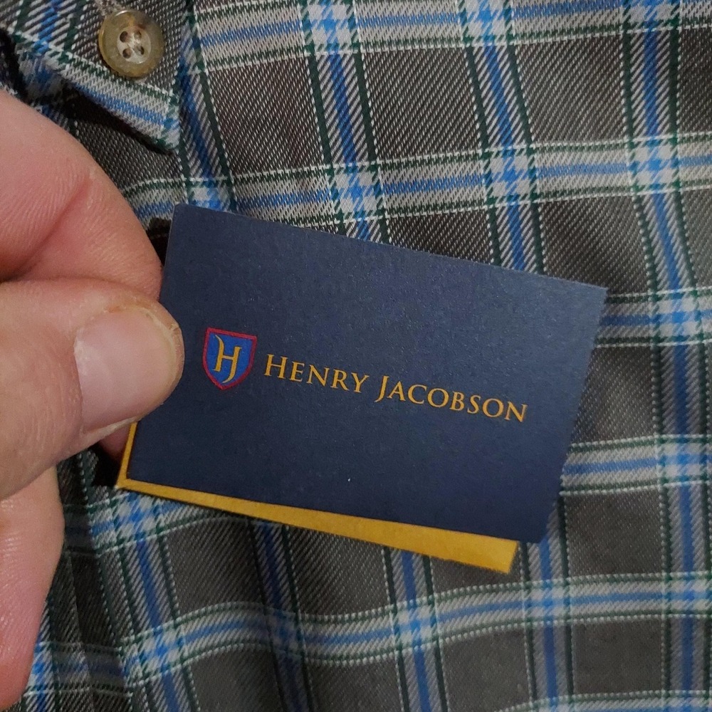 Henry Jacobson Shirt Mens Large‎ Gray Blue Plaid Cotton Long Sleeve Button Front - Picture 4 of 13